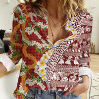 Hawaiian Plumeria Lei Women Casual Shirt Kakau Motifs and Palaka Half Style Red Color - Polynesian Pride