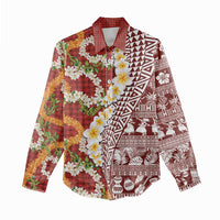 Hawaiian Plumeria Lei Women Casual Shirt Kakau Motifs and Palaka Half Style Red Color - Polynesian Pride