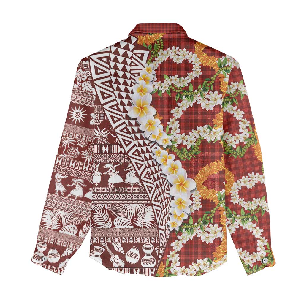 Hawaiian Plumeria Lei Women Casual Shirt Kakau Motifs and Palaka Half Style Red Color - Polynesian Pride