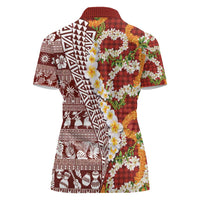 Hawaiian Plumeria Lei Women Polo Shirt Kakau Motifs and Palaka Half Style Red Color - Polynesian Pride