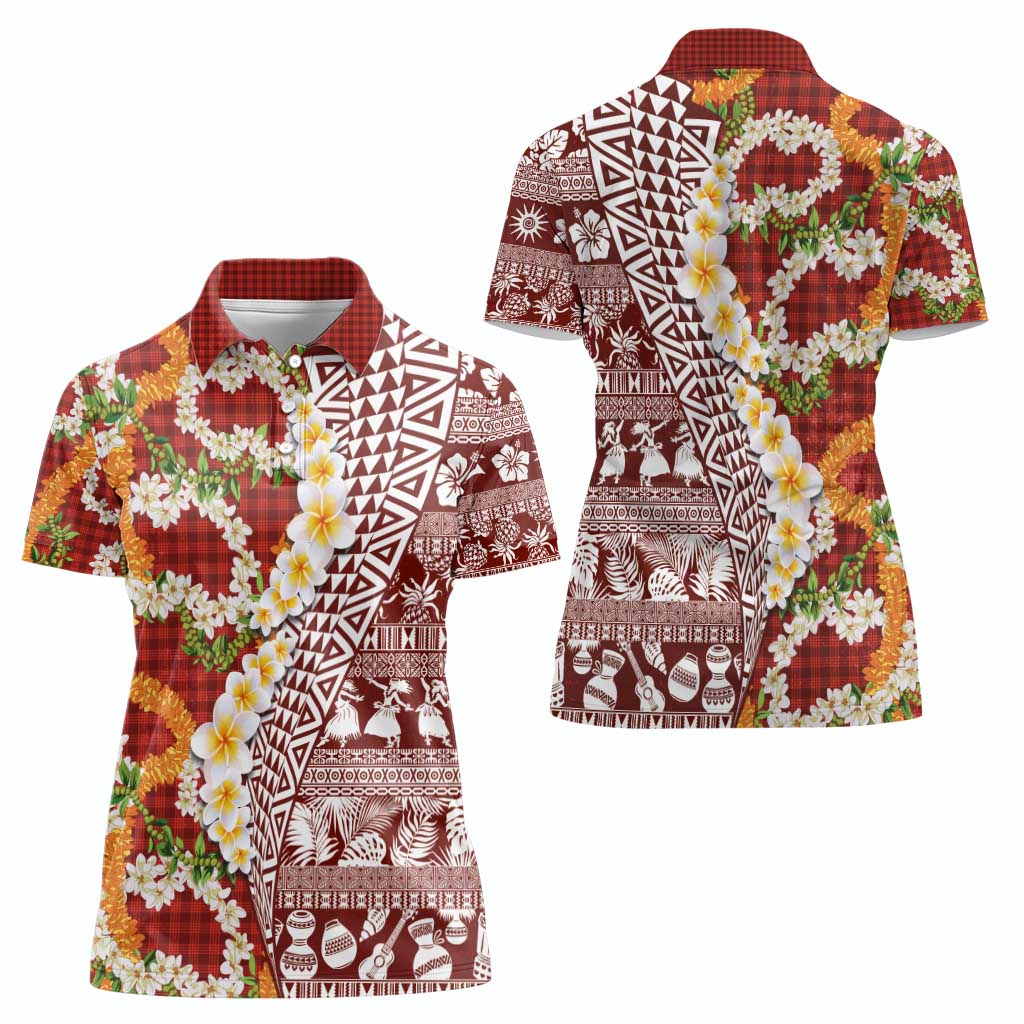 Hawaiian Plumeria Lei Women Polo Shirt Kakau Motifs and Palaka Half Style Red Color - Polynesian Pride