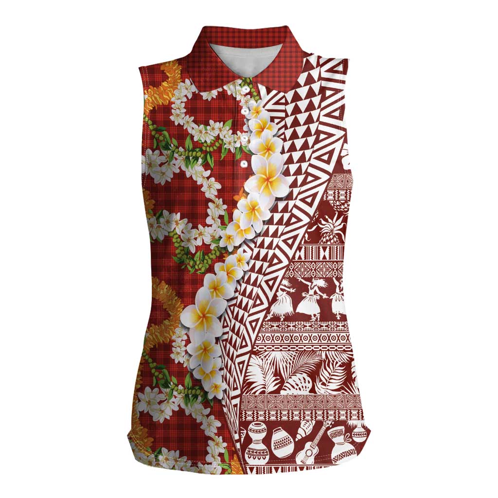 Hawaiian Plumeria Lei Women Sleeveless Polo Shirt Kakau Motifs and Palaka Half Style Red Color - Polynesian Pride