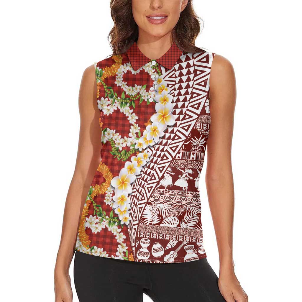 Hawaiian Plumeria Lei Women Sleeveless Polo Shirt Kakau Motifs and Palaka Half Style Red Color - Polynesian Pride