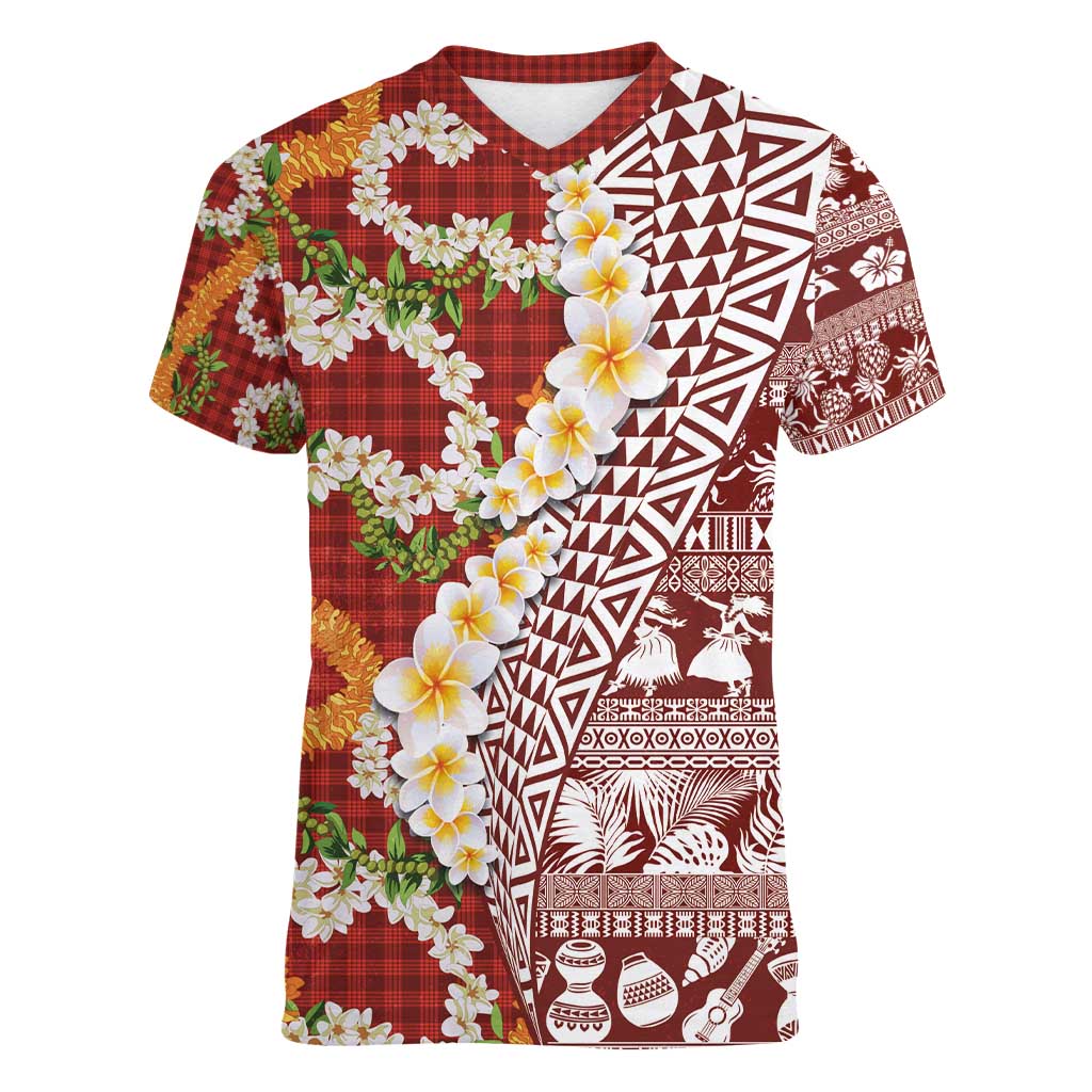 Hawaiian Plumeria Lei Women V-Neck T-Shirt Kakau Motifs and Palaka Half Style Red Color - Polynesian Pride