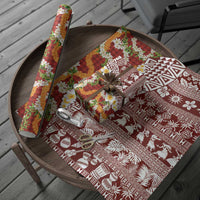 Hawaiian Plumeria Lei Wrapping Paper Kakau Motifs and Palaka Half Style Red Color - Polynesian Pride