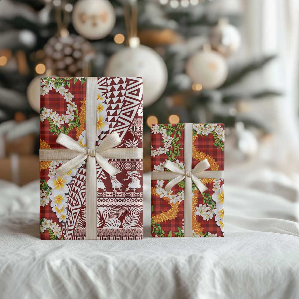 Hawaiian Plumeria Lei Wrapping Paper Kakau Motifs and Palaka Half Style Red Color - Polynesian Pride
