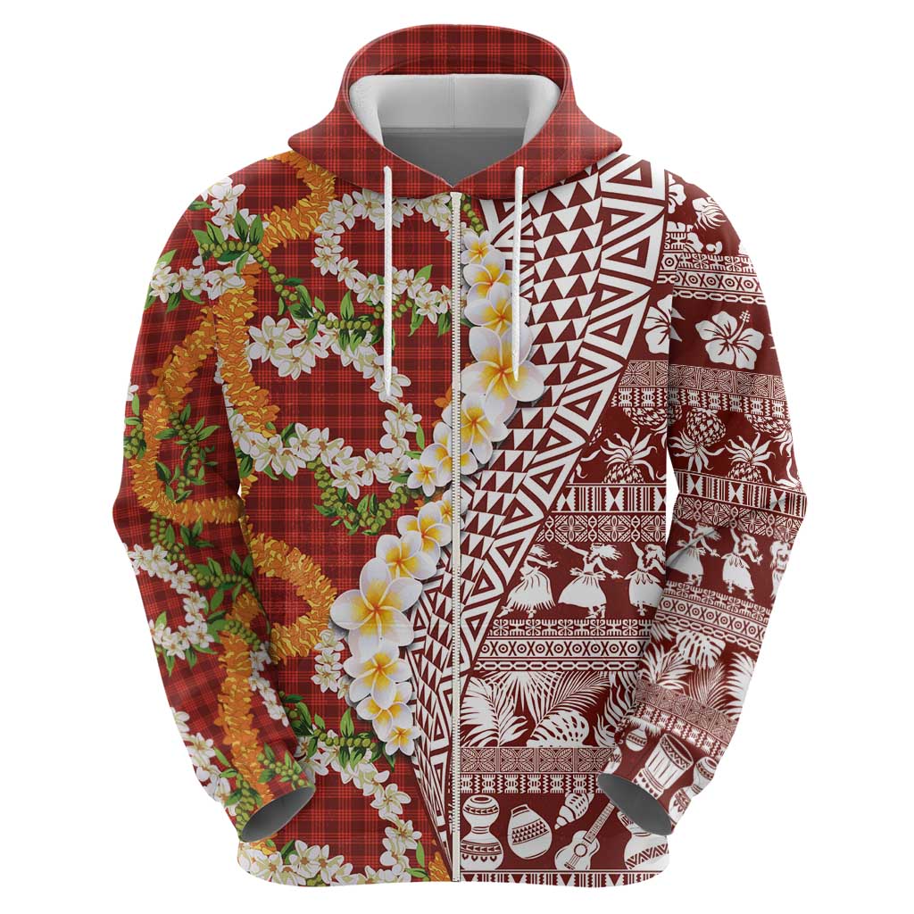 Hawaiian Plumeria Lei Zip Hoodie Kakau Motifs and Palaka Half Style Red Color - Polynesian Pride