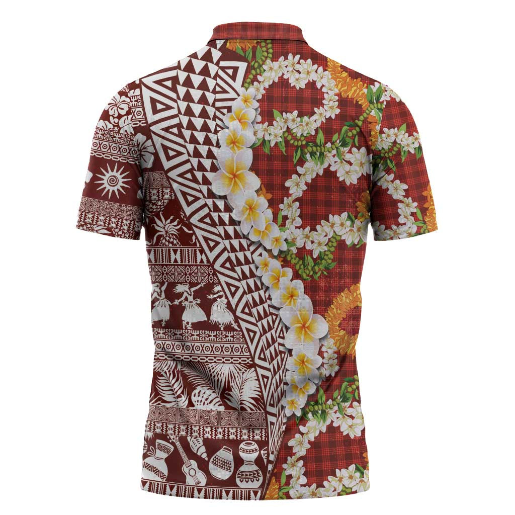 Hawaiian Plumeria Lei Zipper Polo Shirt Kakau Motifs and Palaka Half Style Red Color - Polynesian Pride