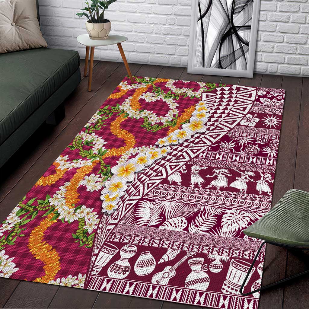 Hawaiian Plumeria Lei Area Rug Kakau Motifs and Palaka Half Style Pink Color - Polynesian Pride