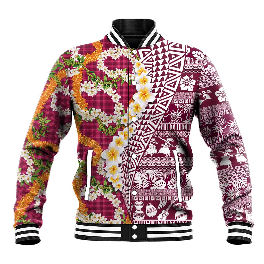 Hawaiian Plumeria Lei Baseball Jacket Kakau Motifs and Palaka Half Style Pink Color - Polynesian Pride
