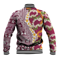 Hawaiian Plumeria Lei Baseball Jacket Kakau Motifs and Palaka Half Style Pink Color - Polynesian Pride