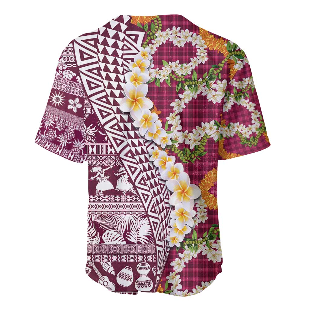 Hawaiian Plumeria Lei Baseball Jersey Kakau Motifs and Palaka Half Style Pink Color - Polynesian Pride