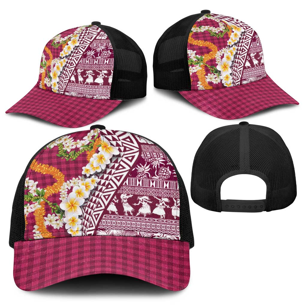 Hawaiian Plumeria Lei Baseball Net Cap Kakau Motifs and Palaka Half Style Pink Color - Polynesian Pride