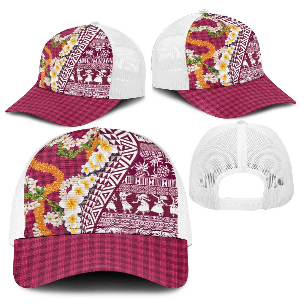 Hawaiian Plumeria Lei Baseball Net Cap Kakau Motifs and Palaka Half Style Pink Color - Polynesian Pride
