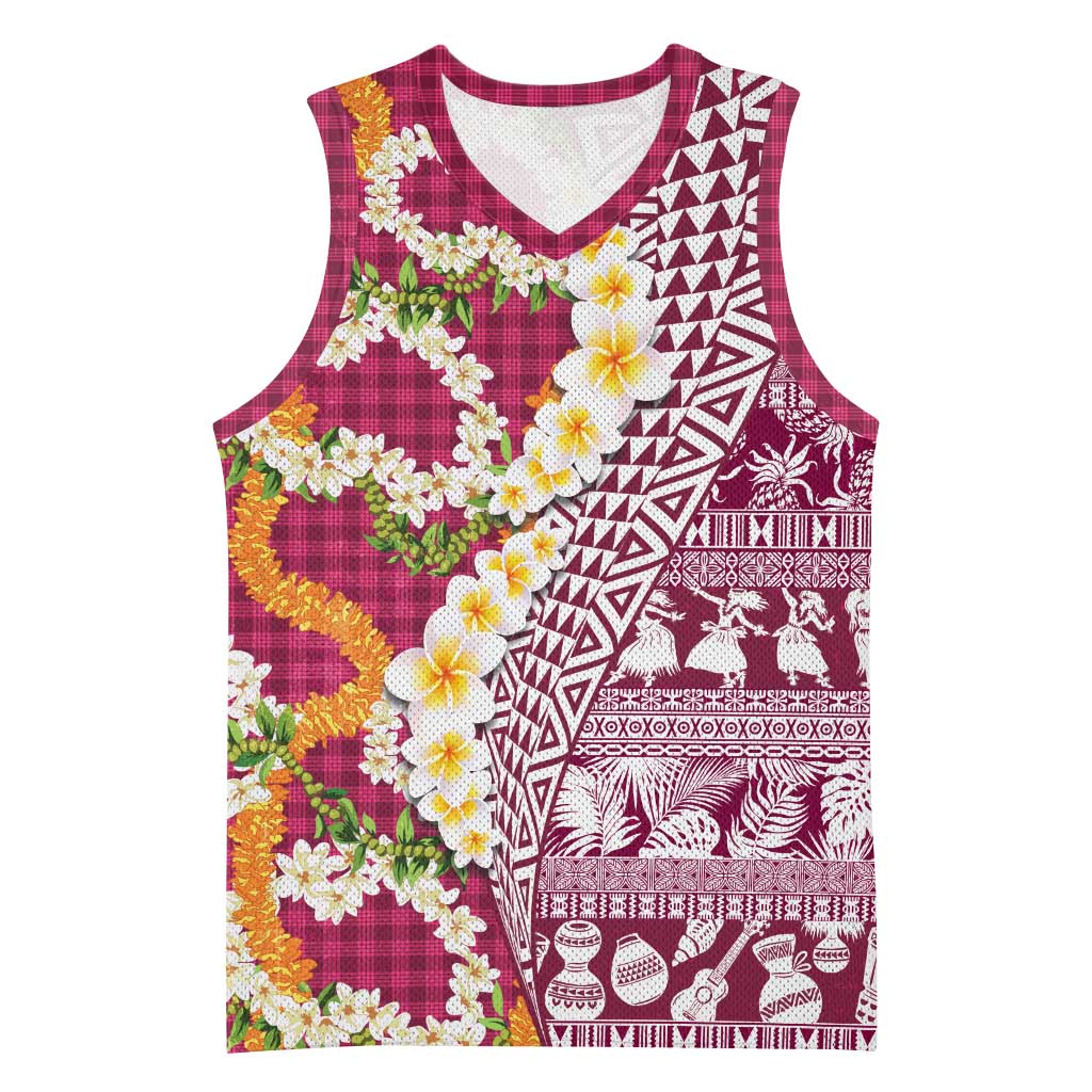 Hawaiian Plumeria Lei Basketball Jersey Kakau Motifs and Palaka Half Style Pink Color - Polynesian Pride