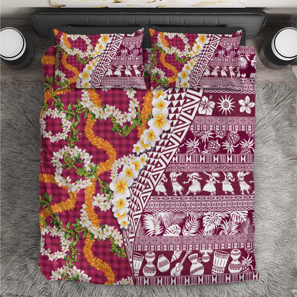 Hawaiian Plumeria Lei Bedding Set Kakau Motifs and Palaka Half Style Pink Color - Polynesian Pride