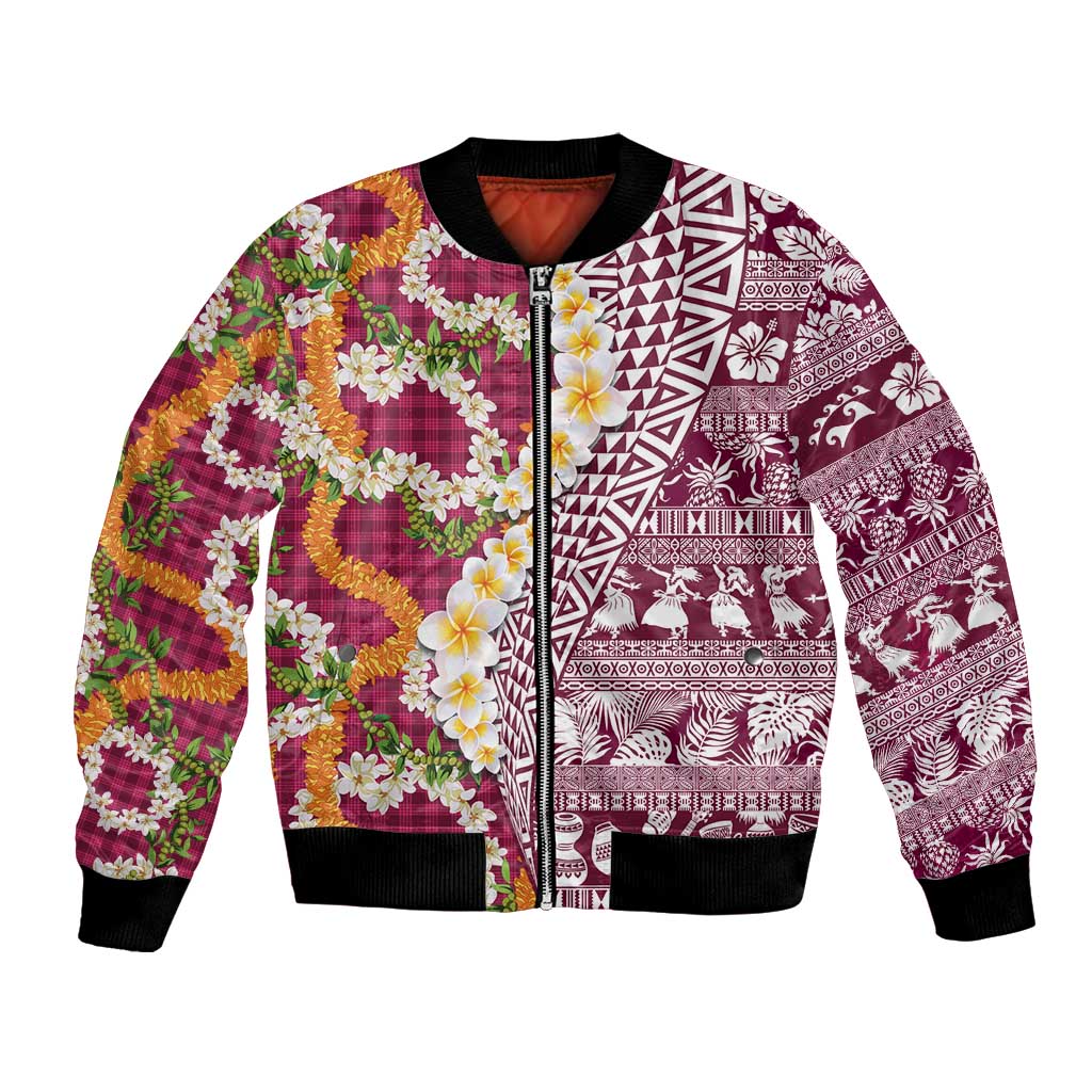 Hawaiian Plumeria Lei Bomber Jacket Kakau Motifs and Palaka Half Style Pink Color - Polynesian Pride
