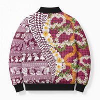 Hawaiian Plumeria Lei Bomber Puffer Jacket Kakau Motifs and Palaka Half Style Pink Color - Polynesian Pride
