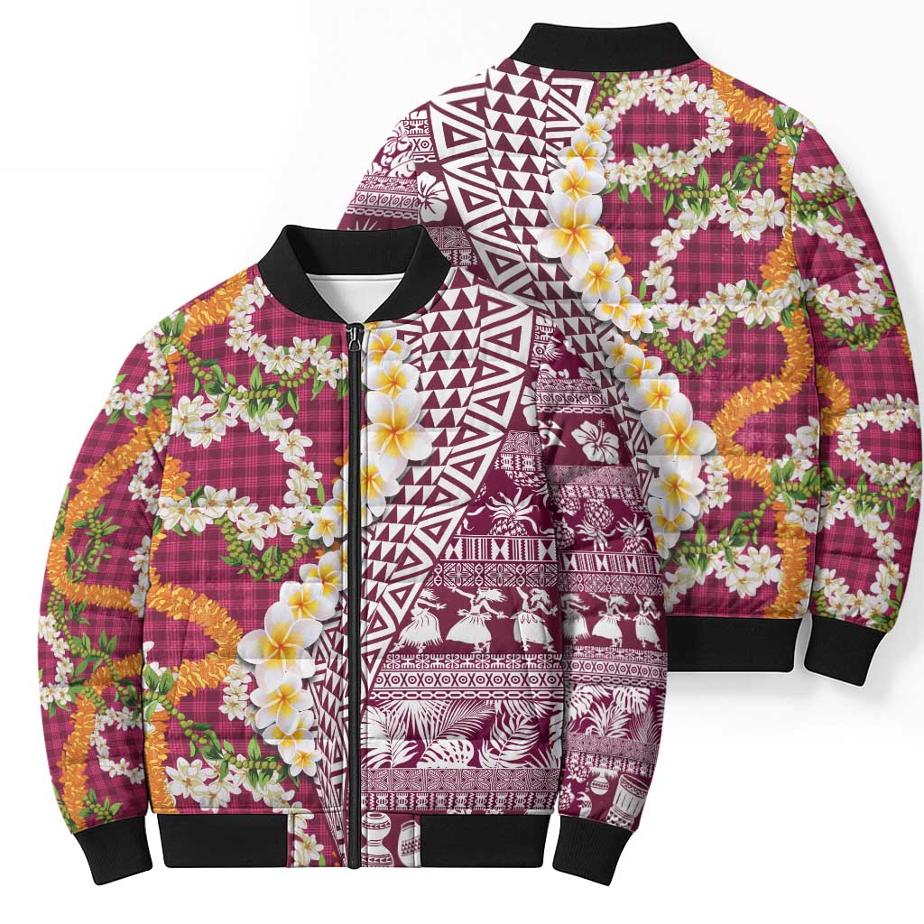 Hawaiian Plumeria Lei Bomber Puffer Jacket Kakau Motifs and Palaka Half Style Pink Color - Polynesian Pride
