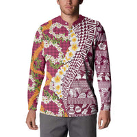 Hawaiian Plumeria Lei Button Sweatshirt Kakau Motifs and Palaka Half Style Pink Color - Polynesian Pride