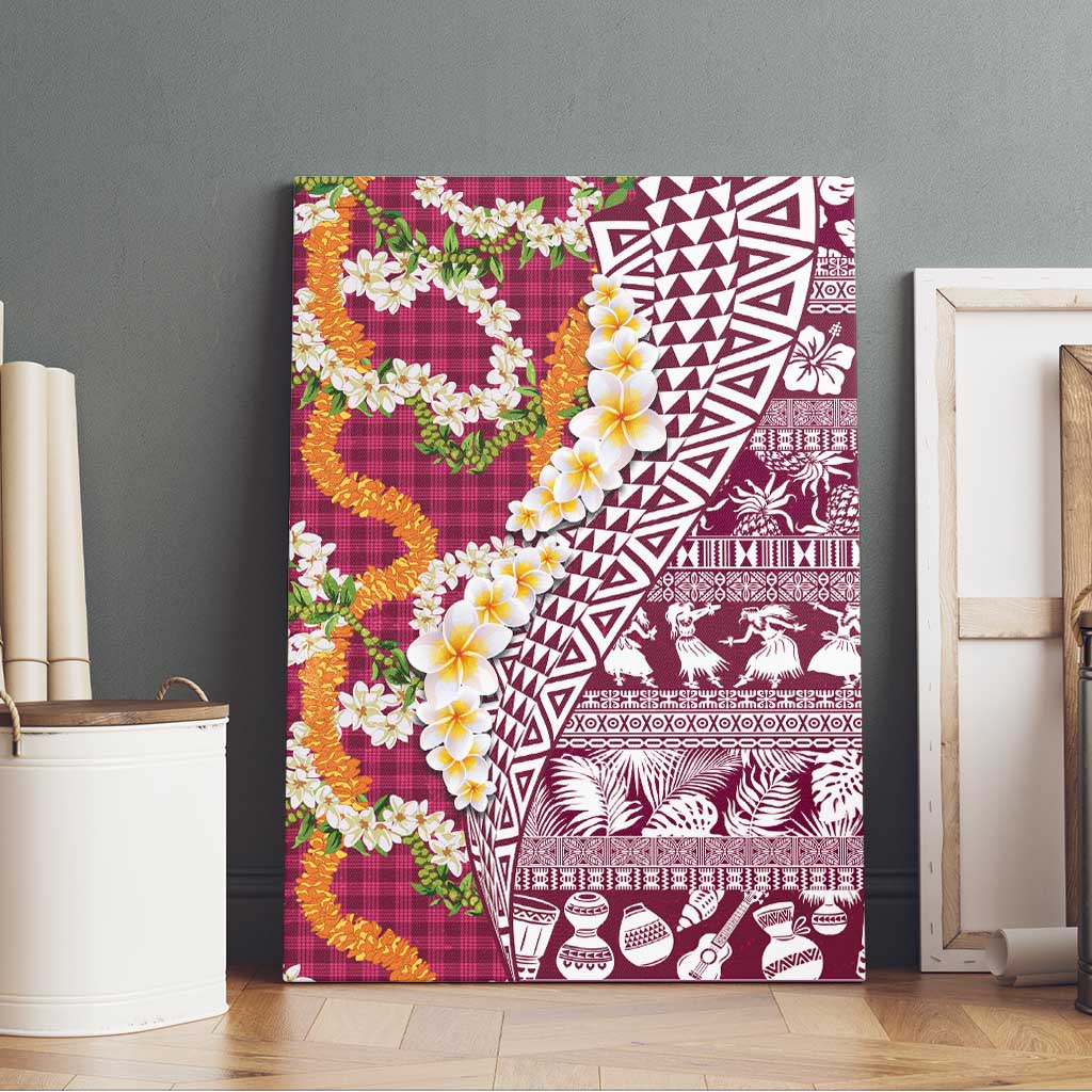 Hawaiian Plumeria Lei Canvas Wall Art Kakau Motifs and Palaka Half Style Pink Color - Polynesian Pride