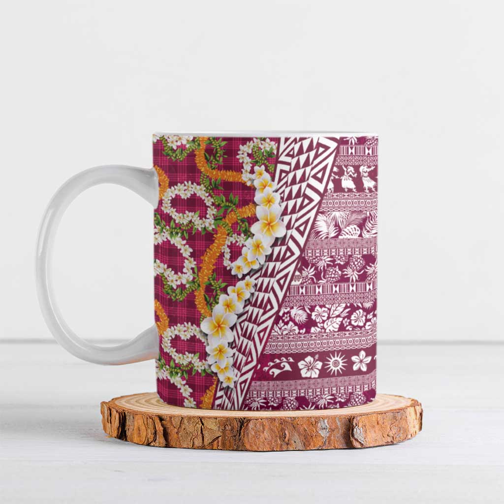 Hawaiian Plumeria Lei Ceramic Mug Kakau Motifs and Palaka Half Style Pink Color - Polynesian Pride