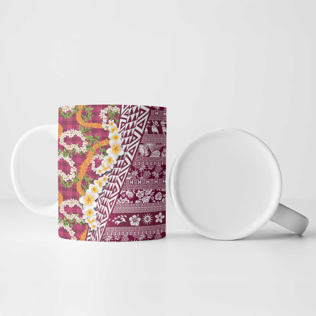 Hawaiian Plumeria Lei Ceramic Mug Kakau Motifs and Palaka Half Style Pink Color - Polynesian Pride