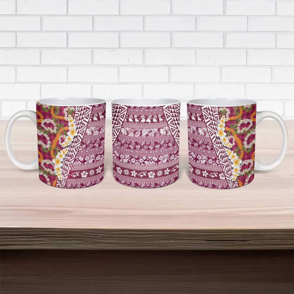Hawaiian Plumeria Lei Ceramic Mug Kakau Motifs and Palaka Half Style Pink Color - Polynesian Pride