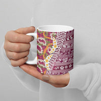 Hawaiian Plumeria Lei Ceramic Mug Kakau Motifs and Palaka Half Style Pink Color - Polynesian Pride
