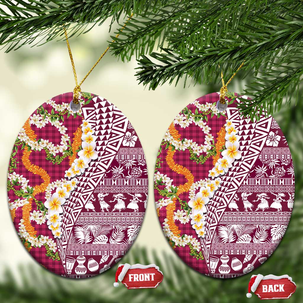 Hawaiian Plumeria Lei Ceramic Ornament Kakau Motifs and Palaka Half Style Pink Color - Polynesian Pride