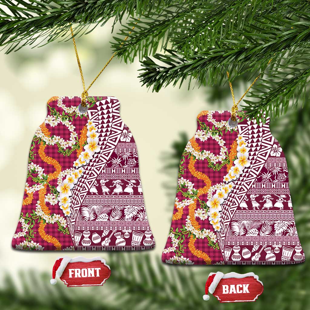 Hawaiian Plumeria Lei Ceramic Ornament Kakau Motifs and Palaka Half Style Pink Color - Polynesian Pride