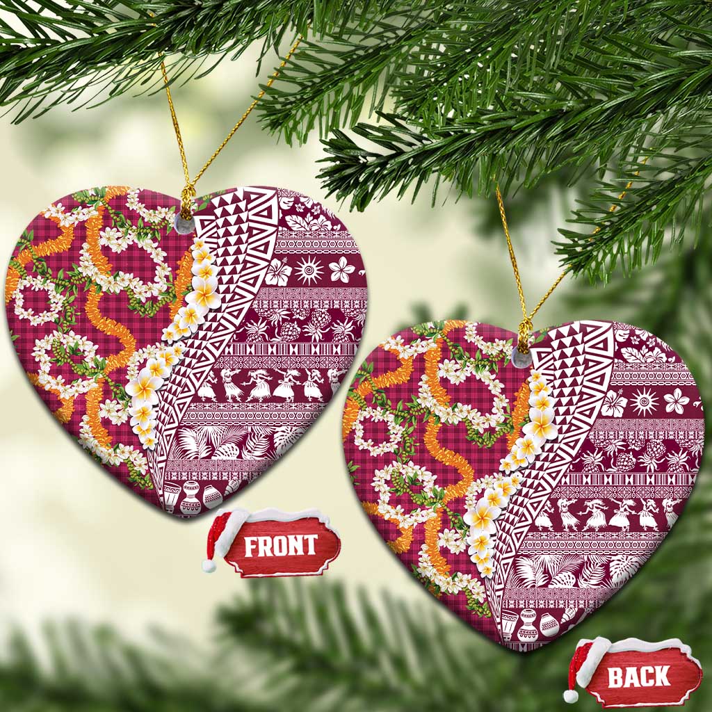 Hawaiian Plumeria Lei Ceramic Ornament Kakau Motifs and Palaka Half Style Pink Color - Polynesian Pride