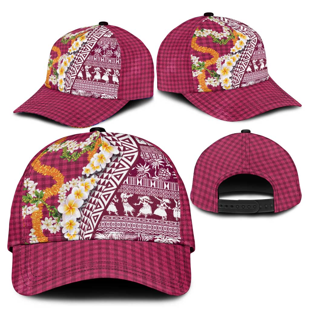 Hawaiian Plumeria Lei Classic Cap Kakau Motifs and Palaka Half Style Pink Color - Polynesian Pride