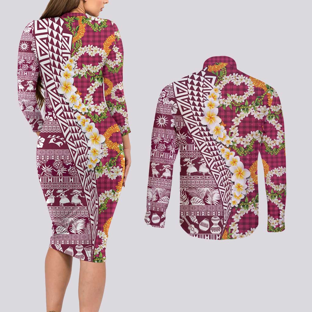 Hawaiian Plumeria Lei Couples Matching Long Sleeve Bodycon Dress and Long Sleeve Button Shirt Kakau Motifs and Palaka Half Style Pink Color - Polynesian Pride