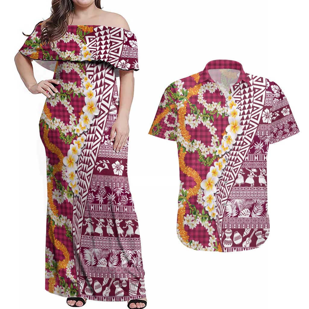 Hawaiian Plumeria Lei Couples Matching Off Shoulder Maxi Dress and Hawaiian Shirt Kakau Motifs and Palaka Half Style Pink Color - Polynesian Pride