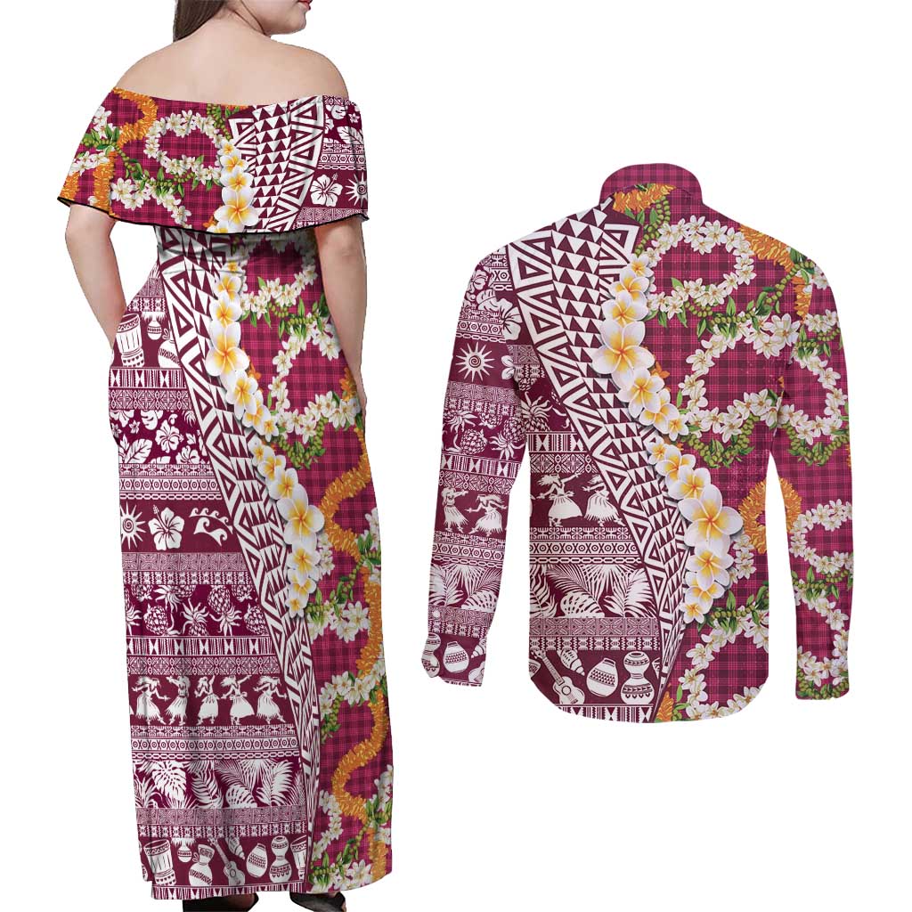 Hawaiian Plumeria Lei Couples Matching Off Shoulder Maxi Dress and Long Sleeve Button Shirt Kakau Motifs and Palaka Half Style Pink Color - Polynesian Pride