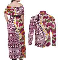 Hawaiian Plumeria Lei Couples Matching Off Shoulder Maxi Dress and Long Sleeve Button Shirt Kakau Motifs and Palaka Half Style Pink Color - Polynesian Pride