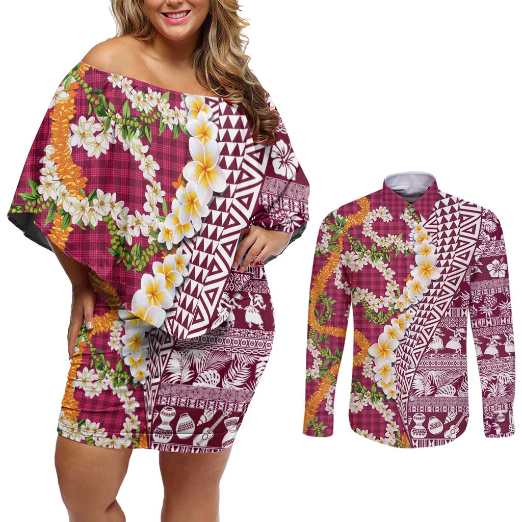 Hawaiian Plumeria Lei Couples Matching Off Shoulder Short Dress and Long Sleeve Button Shirt Kakau Motifs and Palaka Half Style Pink Color - Polynesian Pride