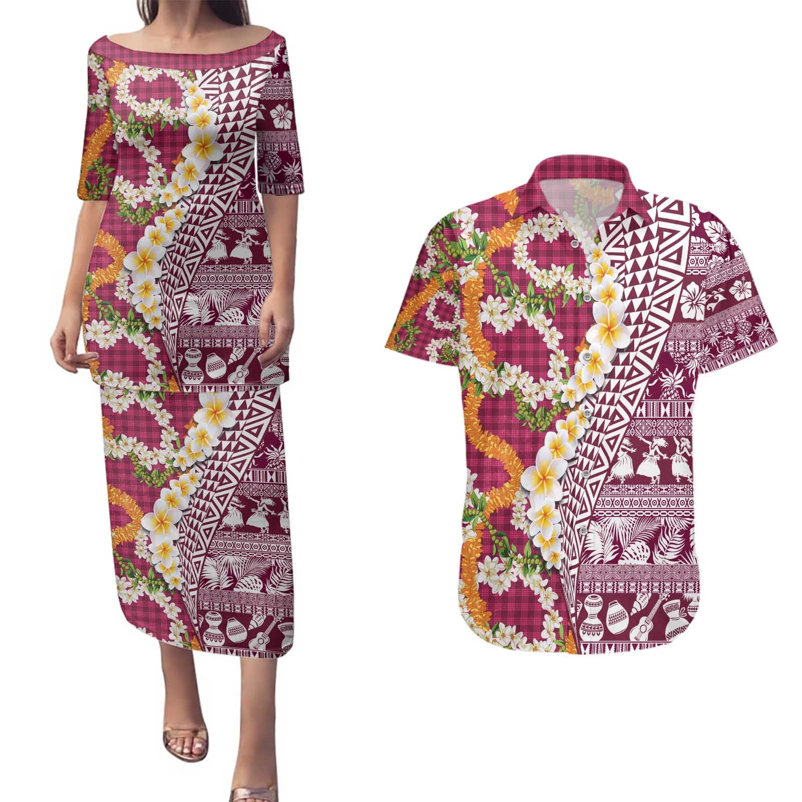 Hawaiian Plumeria Lei Couples Matching Puletasi and Hawaiian Shirt Kakau Motifs and Palaka Half Style Pink Color - Polynesian Pride