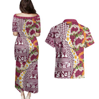 Hawaiian Plumeria Lei Couples Matching Puletasi and Hawaiian Shirt Kakau Motifs and Palaka Half Style Pink Color - Polynesian Pride
