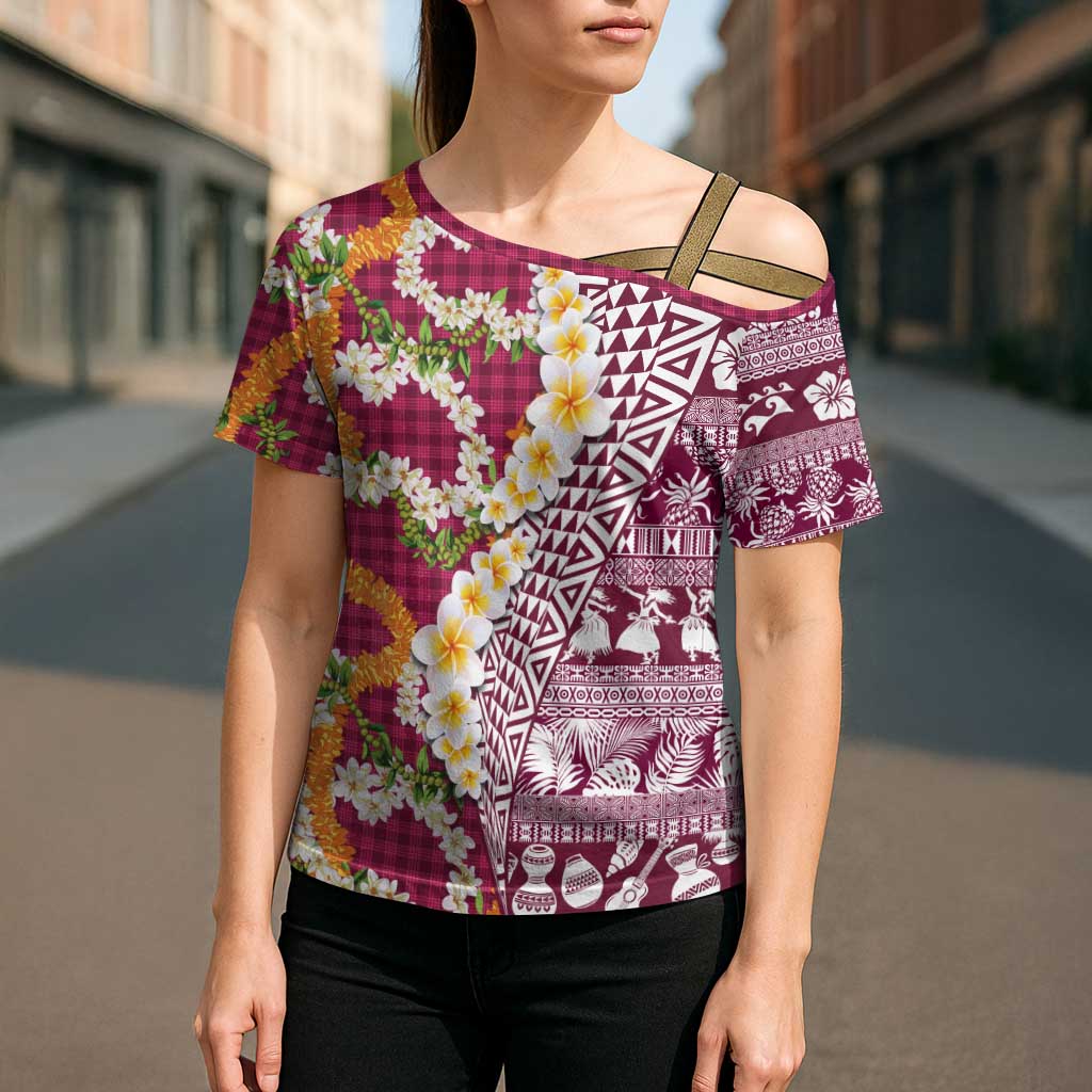 Hawaiian Plumeria Lei Cross Shoulder Shirt Kakau Motifs and Palaka Half Style Pink Color - Polynesian Pride