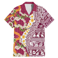 Hawaiian Plumeria Lei Family Matching Mermaid Dress and Hawaiian Shirt Kakau Motifs and Palaka Half Style Pink Color - Polynesian Pride