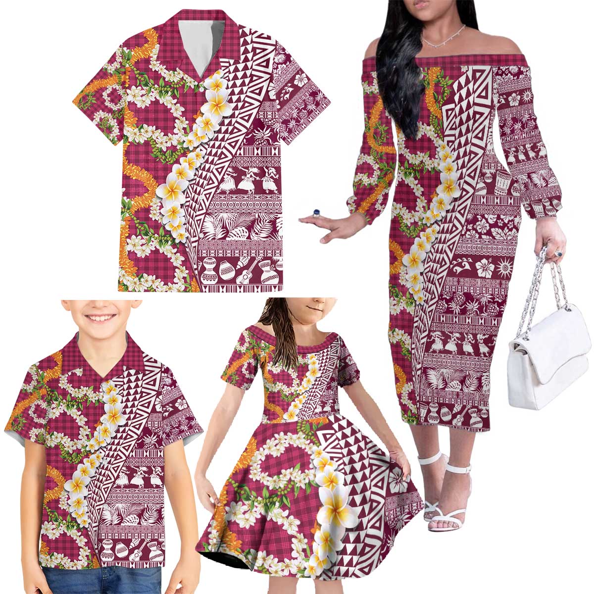 Hawaiian Plumeria Lei Family Matching Off The Shoulder Long Sleeve Dress and Hawaiian Shirt Kakau Motifs and Palaka Half Style Pink Color - Polynesian Pride