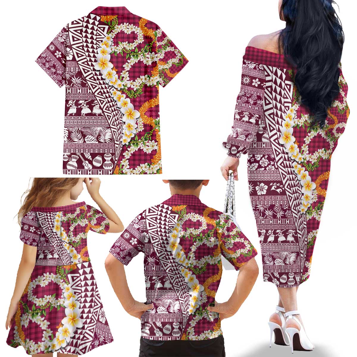 Hawaiian Plumeria Lei Family Matching Off The Shoulder Long Sleeve Dress and Hawaiian Shirt Kakau Motifs and Palaka Half Style Pink Color - Polynesian Pride