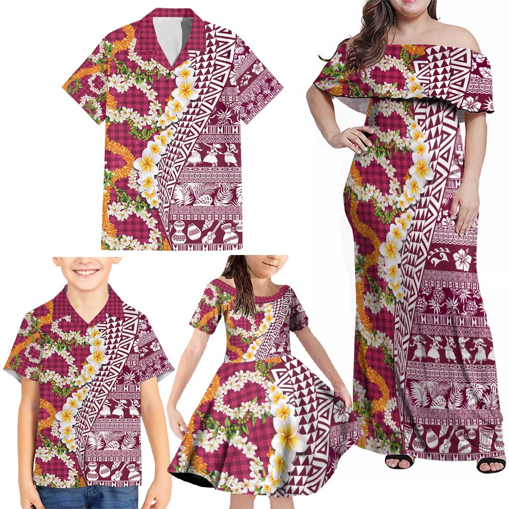 Hawaiian Plumeria Lei Family Matching Off Shoulder Maxi Dress and Hawaiian Shirt Kakau Motifs and Palaka Half Style Pink Color - Polynesian Pride