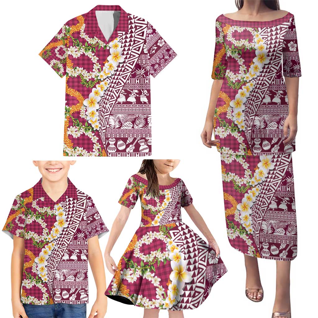 Hawaiian Plumeria Lei Family Matching Puletasi and Hawaiian Shirt Kakau Motifs and Palaka Half Style Pink Color - Polynesian Pride