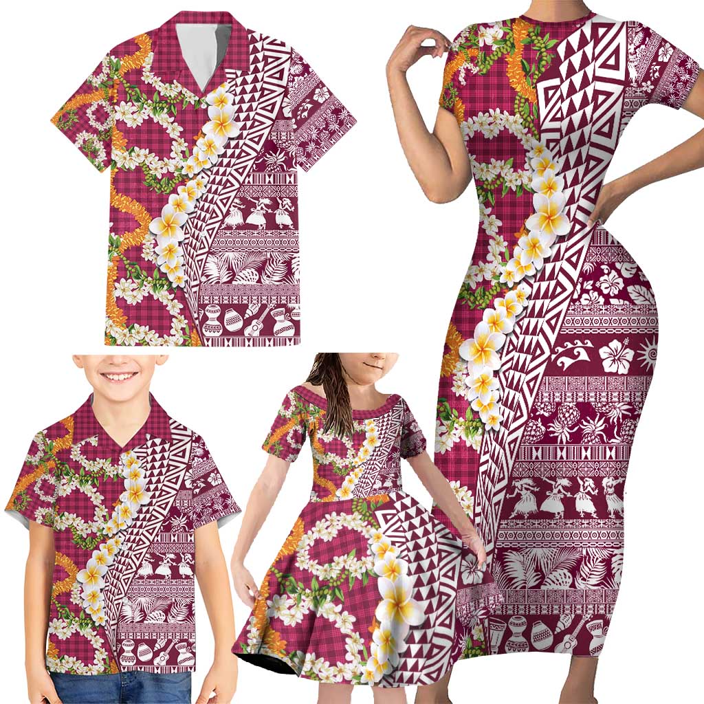 Hawaiian Plumeria Lei Family Matching Short Sleeve Bodycon Dress and Hawaiian Shirt Kakau Motifs and Palaka Half Style Pink Color - Polynesian Pride