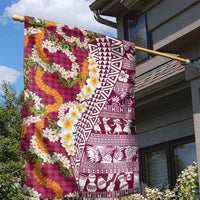 Hawaiian Plumeria Lei Garden Flag Kakau Motifs and Palaka Half Style Pink Color - Polynesian Pride