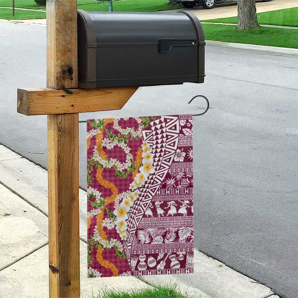 Hawaiian Plumeria Lei Garden Flag Kakau Motifs and Palaka Half Style Pink Color - Polynesian Pride