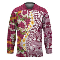 Hawaiian Plumeria Lei Hockey Jersey Kakau Motifs and Palaka Half Style Pink Color - Polynesian Pride